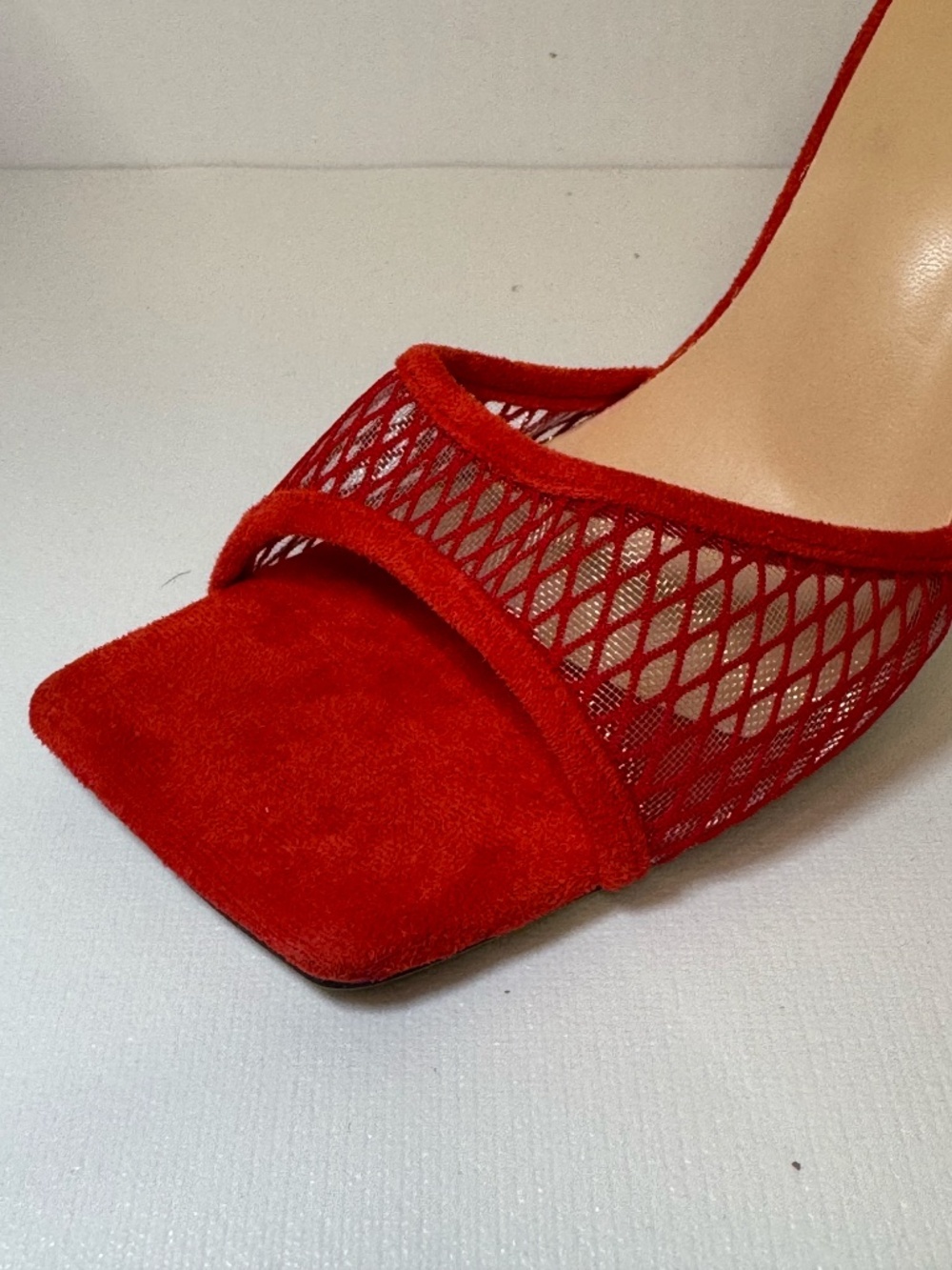 Red Mesh Mule Heels 7.5/8 Open Toe Stiletto Slide Sandals Statement Heels EU38 - Picture 8 of 11